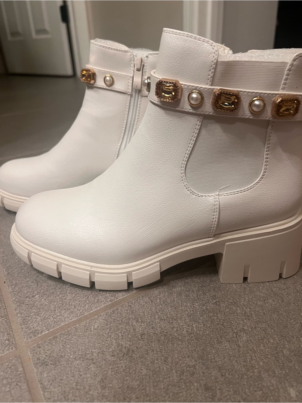 Gemstone Chelsea Ankle Boots in White w/  Gold Accent Strap
